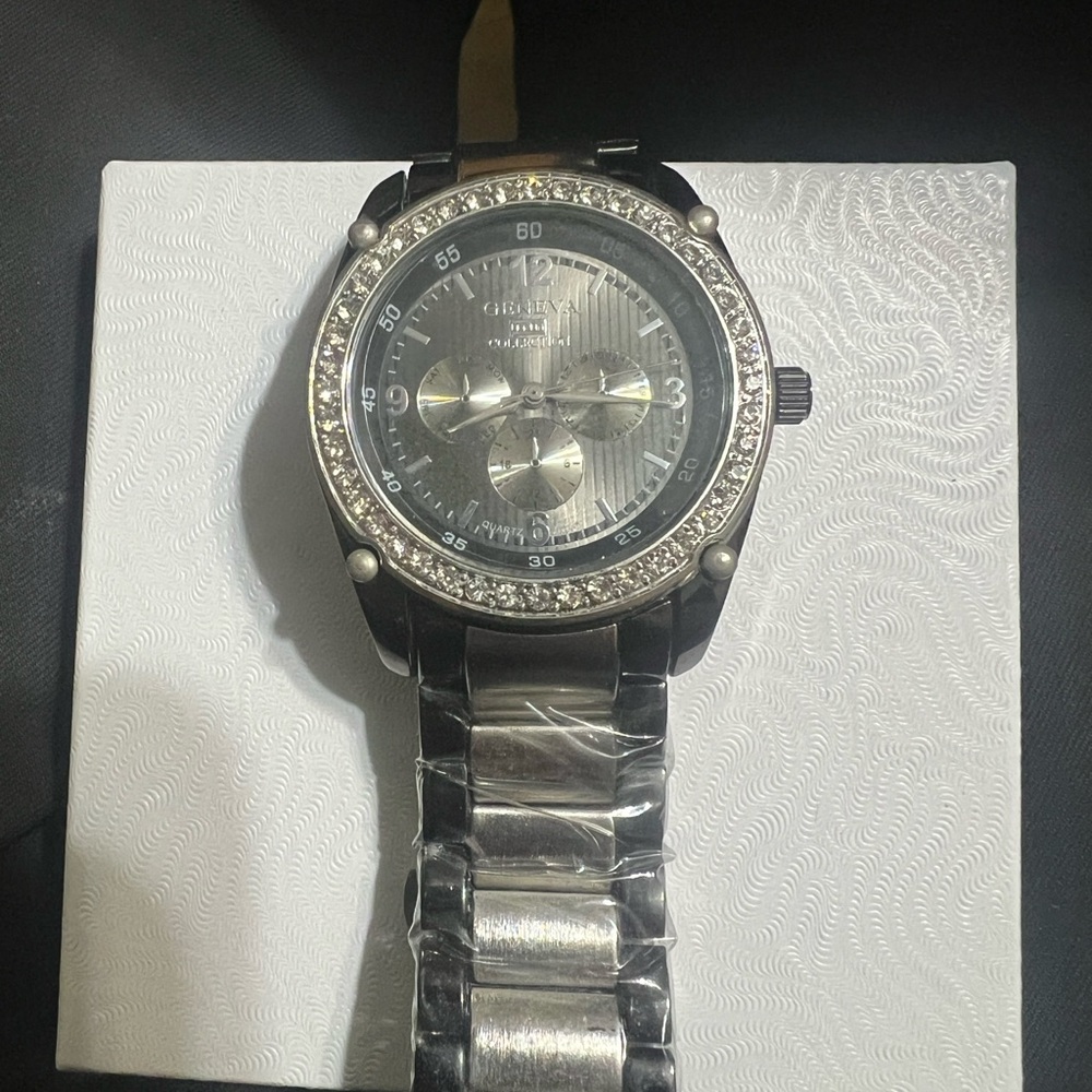 Geneva Silver date, time, month Watch Stainless Steel with CZ diamonds.